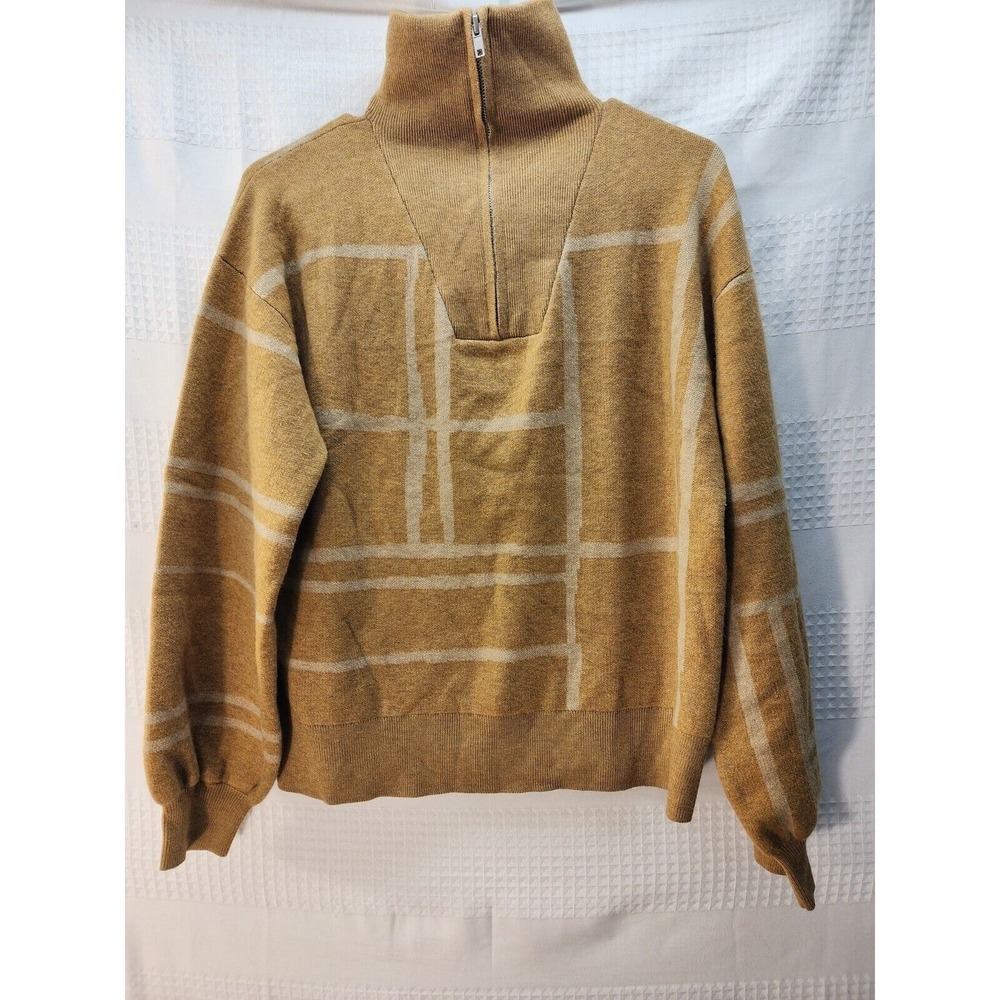Unbranded Womens Brown High Neck 1/4 Zip Puff Sleeve Grid Knit Sweater Med 0407